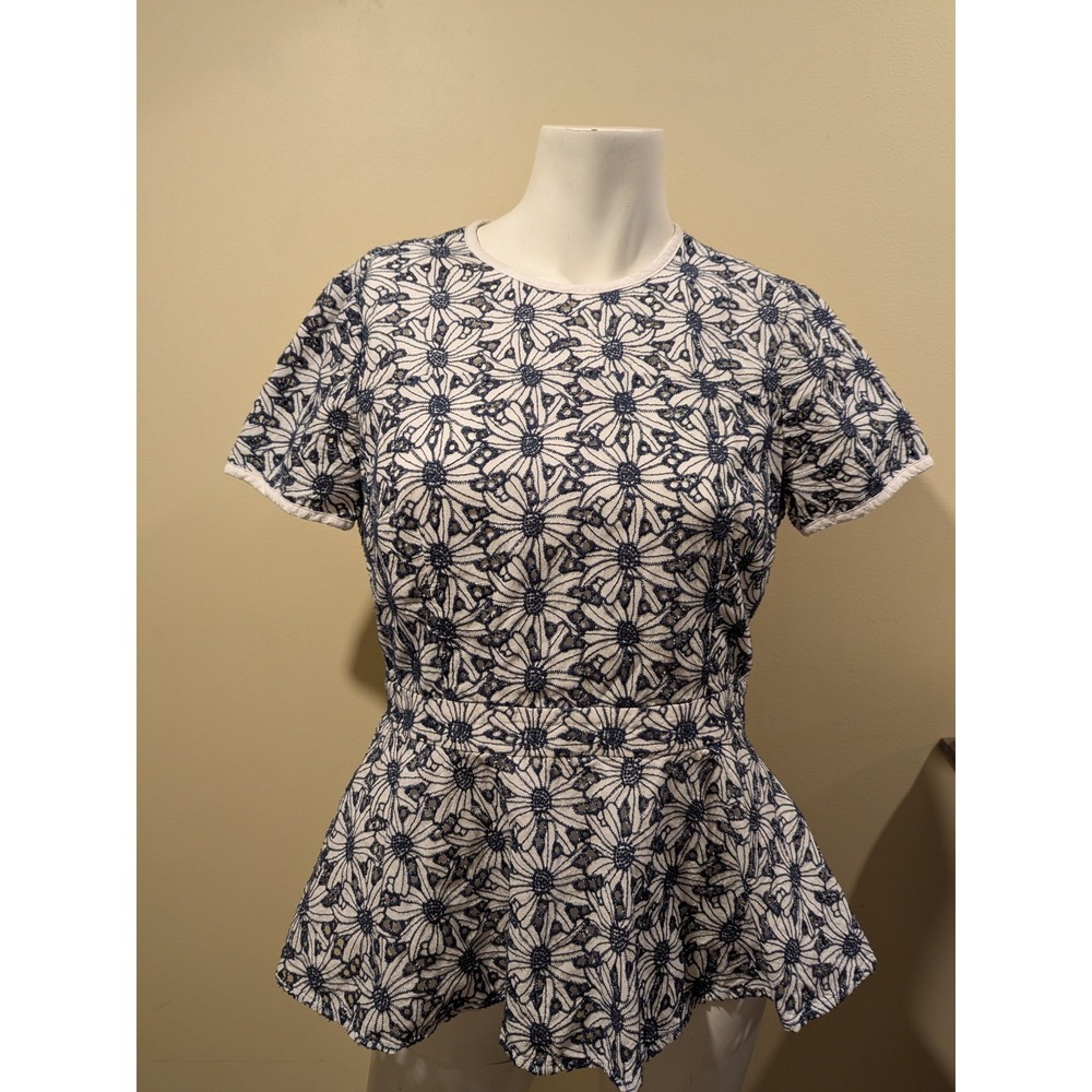 MICHAEL KORS White Navy Embroidered‎ Eyelet Peplum Shirt Top - Womens Size 6